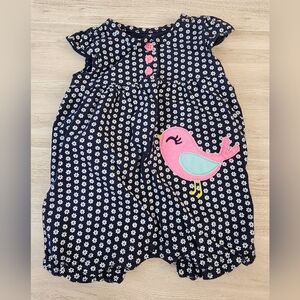 Carter's Navy Romper with White Flowers and Pink Buttons